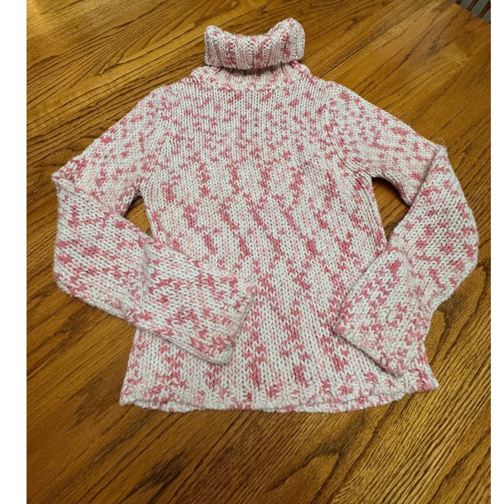 Guess Jeans Pink White Chunky Knit Turtleneck Sweater Metallic Shimmer Medium